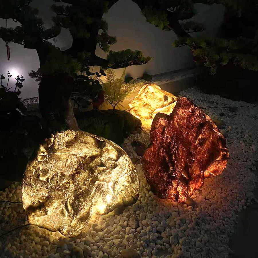 仿真太阳能发光石头灯庭院玻璃钢室内外假石头草坪灯摆件装饰造景