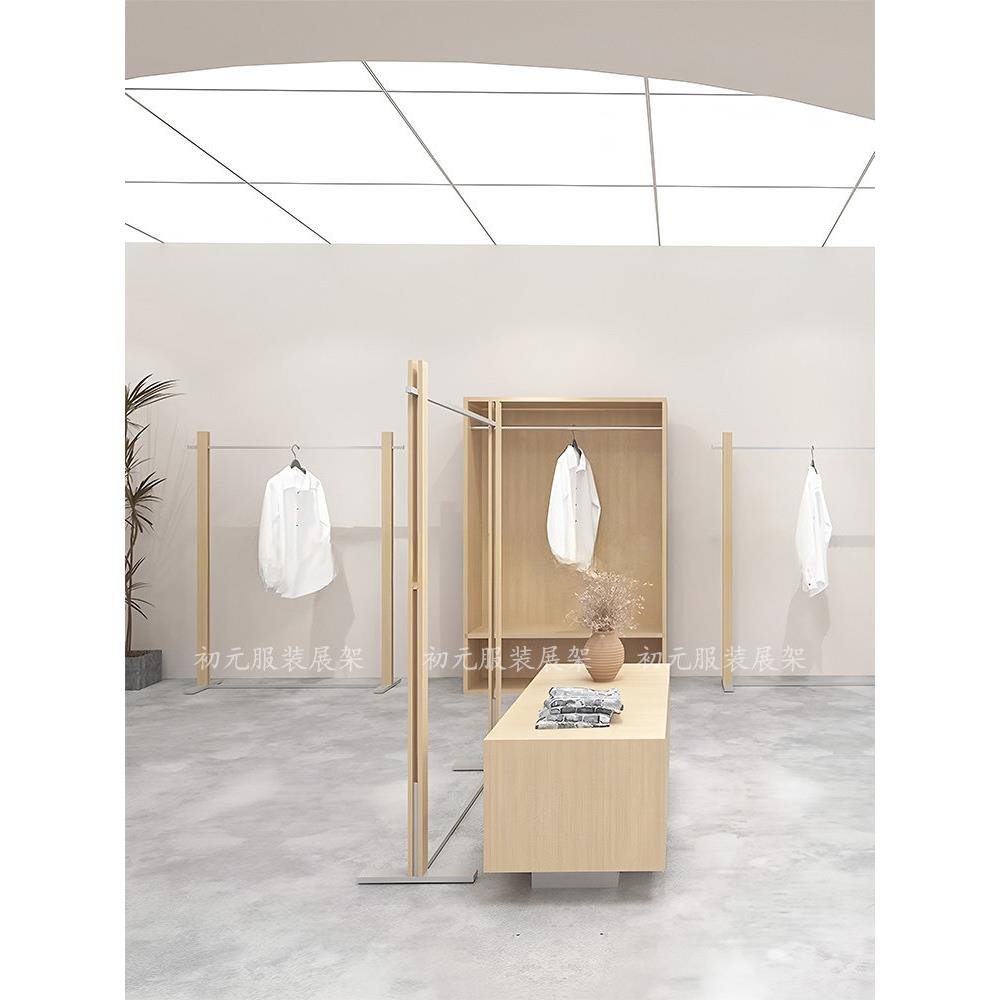 服装店展示架落地式中岛架原木色服装架陈列架女装店不锈钢挂衣架