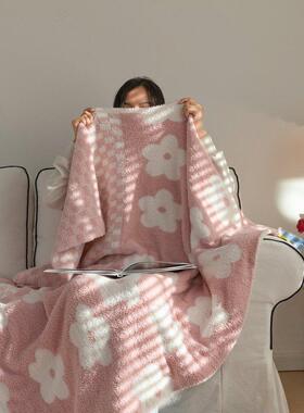 Uncle BombA类半边绒拼接棋盘格花朵针织毯办公室午休毯单人毛毯