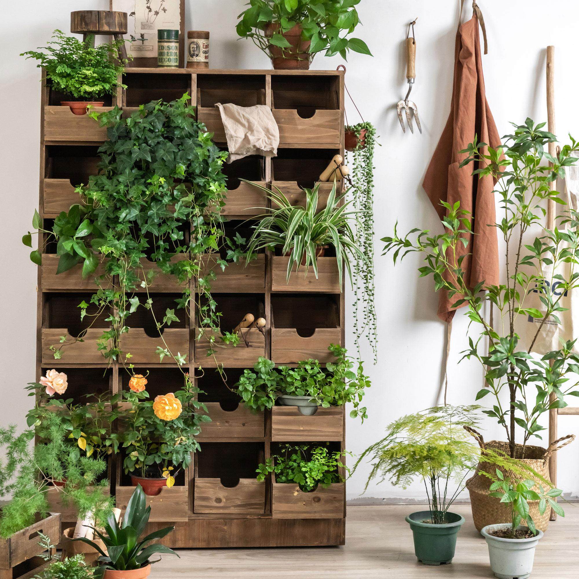 润家家居田园风阳台绿植柜多功能实木抽屉收纳柜斗柜可移动置物架