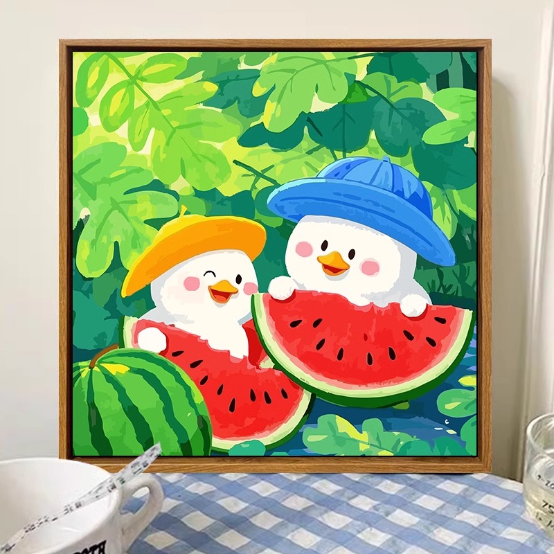 夏日时光鸭数字油画diy手工绘填涂色丙烯卡通简单儿童油彩装饰画图片