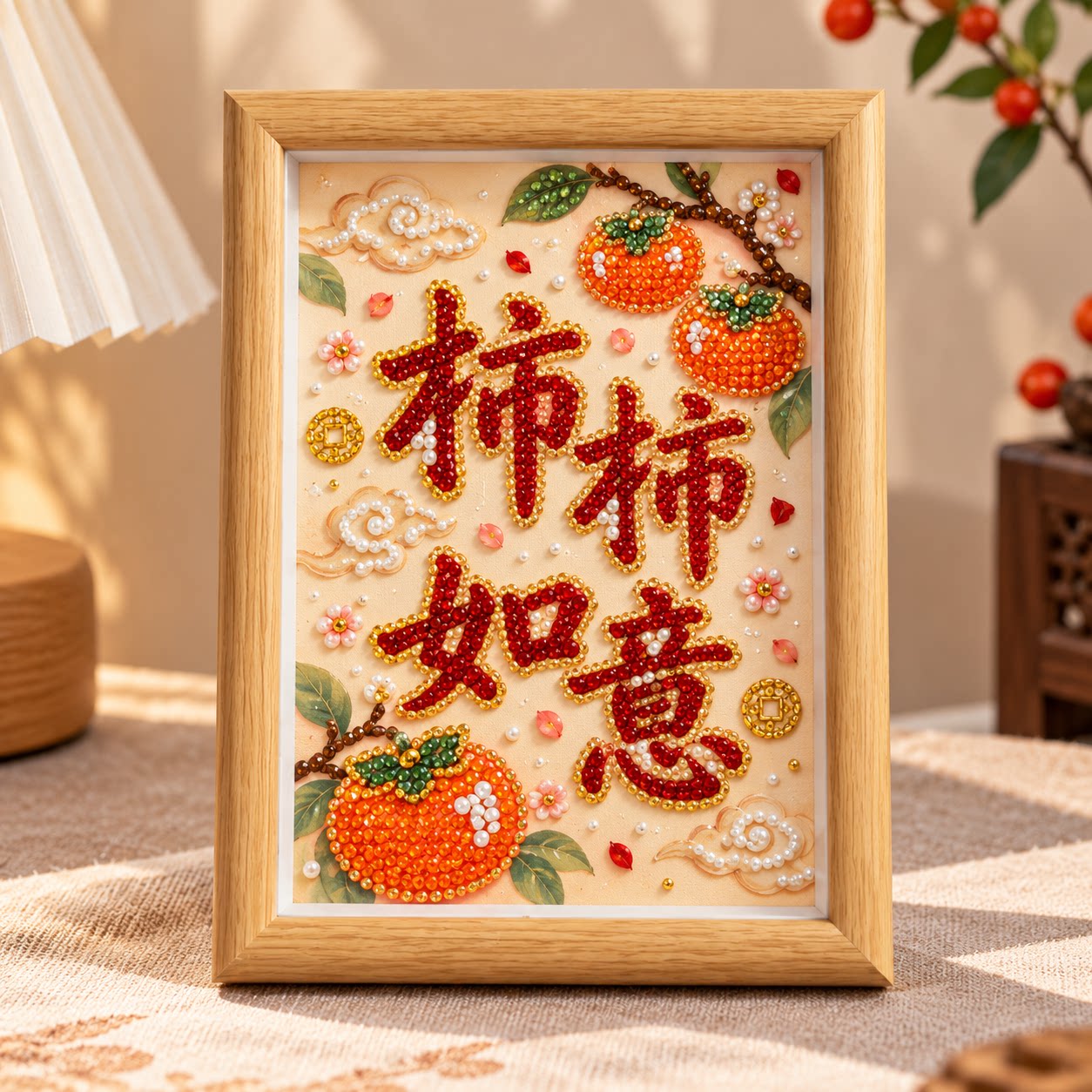 柿柿如意diy珍珠画钻石绣手工平安喜乐好寓意文字祝福摆台装饰画