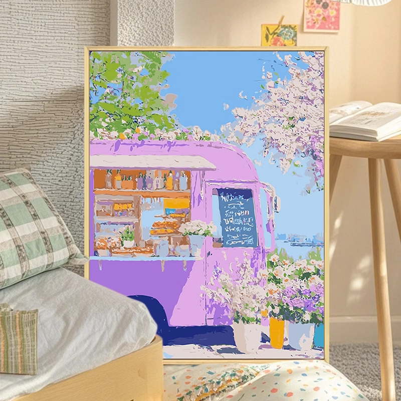 浪漫紫色春天数字油画diy填充涂色手工绘花卉风景治愈油彩装饰画