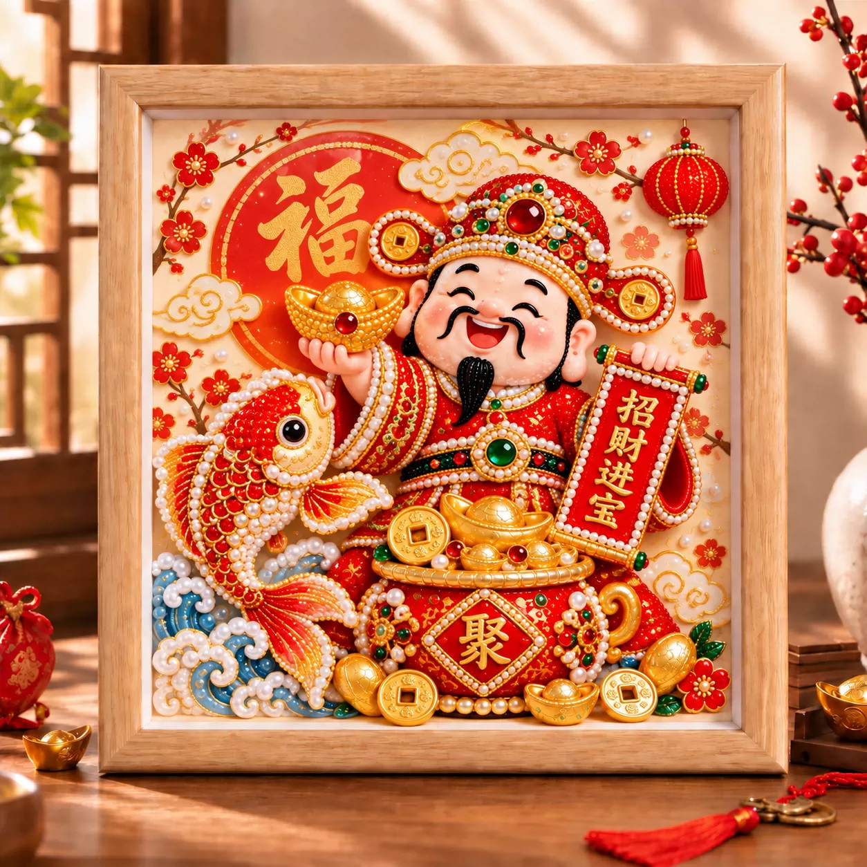 财神珍珠画手工diy钻石粘贴材料包福字招发财好寓意摆件台装饰画