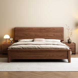 黑胡桃木大床北欧卧室榫卯结构全实木床现代简约1.5米1.8米双人床