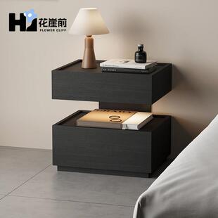 花崖前中古床头柜带灯一体悬浮式床边柜轻奢高级感卧室黑色收纳柜