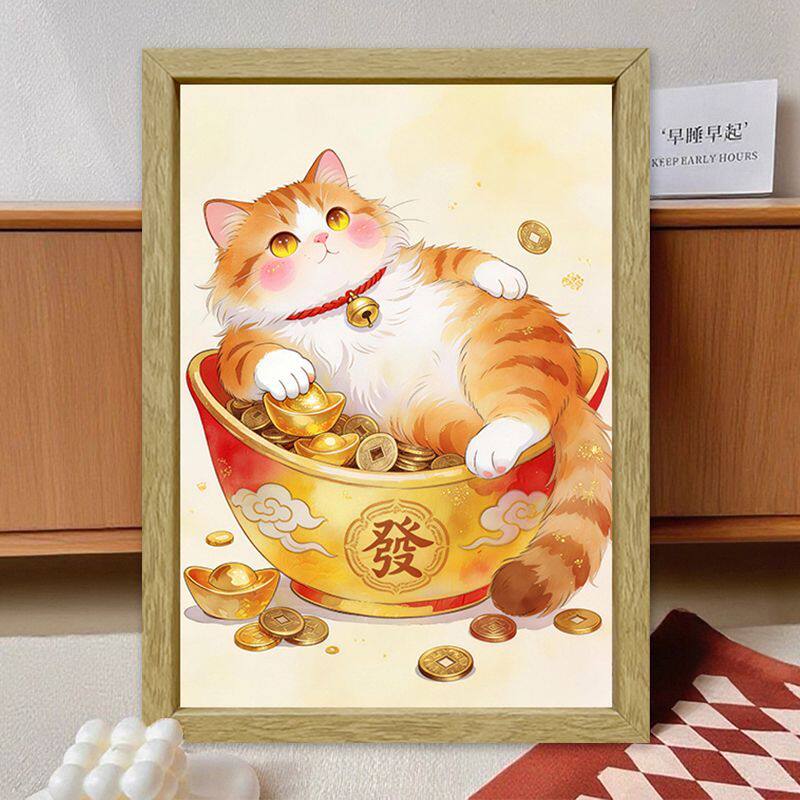 招财猫金元宝半成品手工绣带框十字绣春节喜庆暴富玄关客厅摆台画