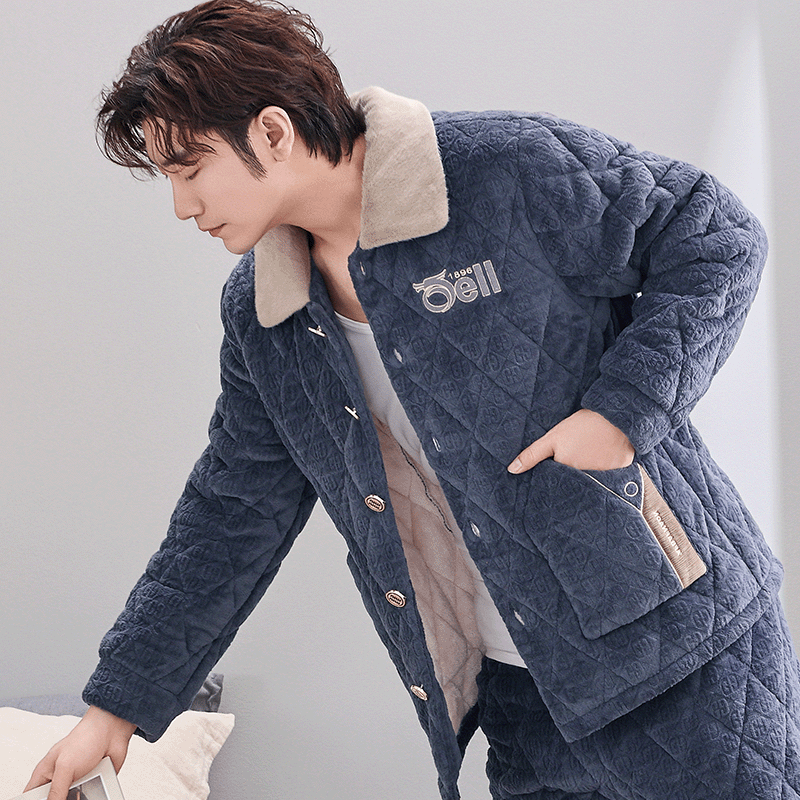 珊瑚绒睡衣秋冬季加厚加绒三层夹棉袄套装款保暖家居服可外穿男士