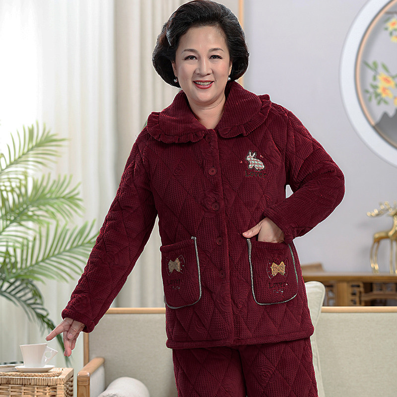睡衣女士冬季珊瑚绒夹棉袄三层加厚加绒秋天家居服套装新款可外穿
