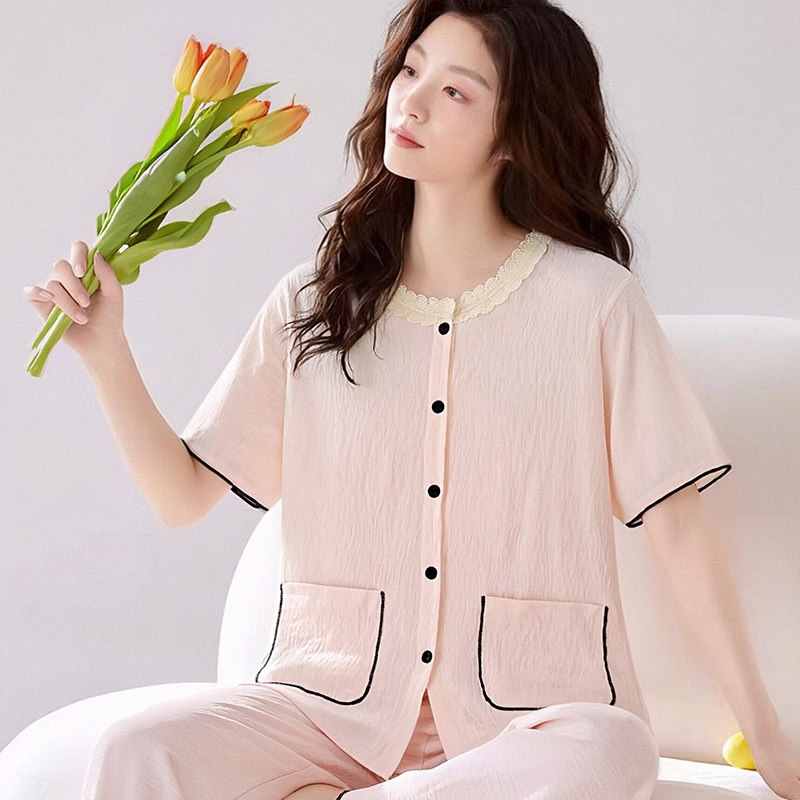 春夏季2026新款全棉休闲睡衣女短袖长裤家居服套装可外穿