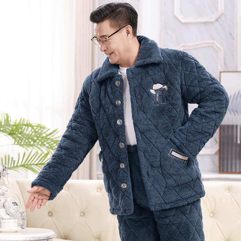 新款睡衣秋冬季男士家居服三层加厚保暖加绒中老年款夹棉袄套装