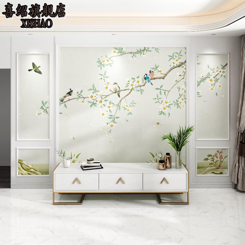 新款直销新中式墙布电视背景墙卧室床头客厅影视墙纸工笔花鸟无缝