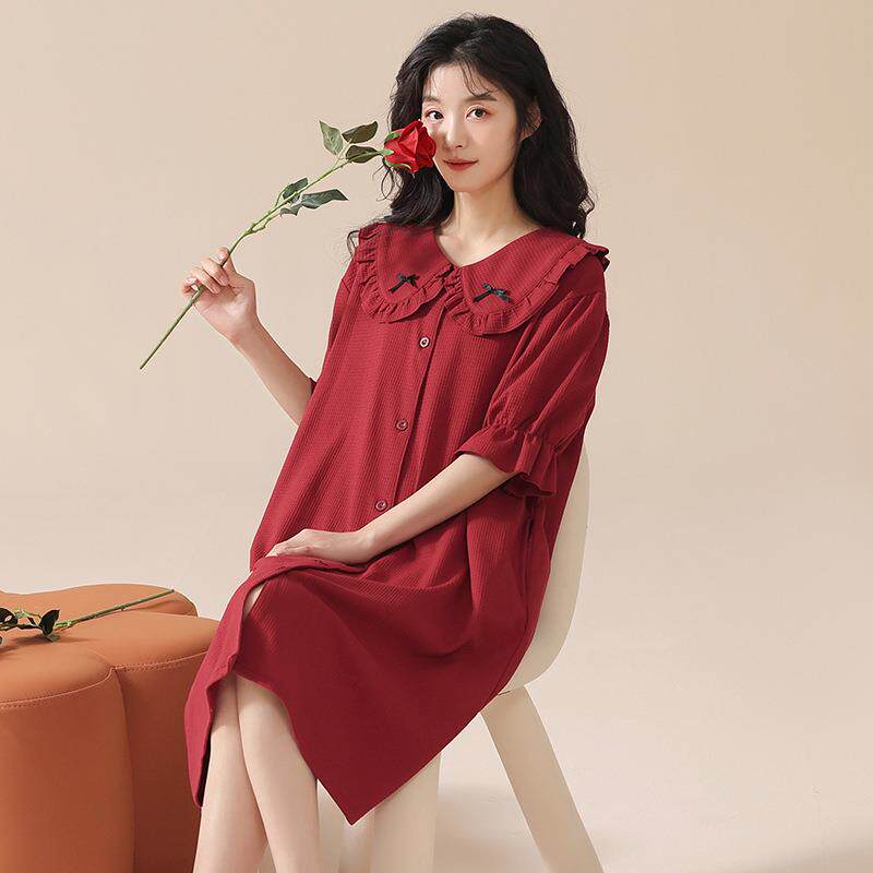 新款直销红色睡袍女夏季纯棉短袖可爱甜美公主风本命年新娘结婚浴