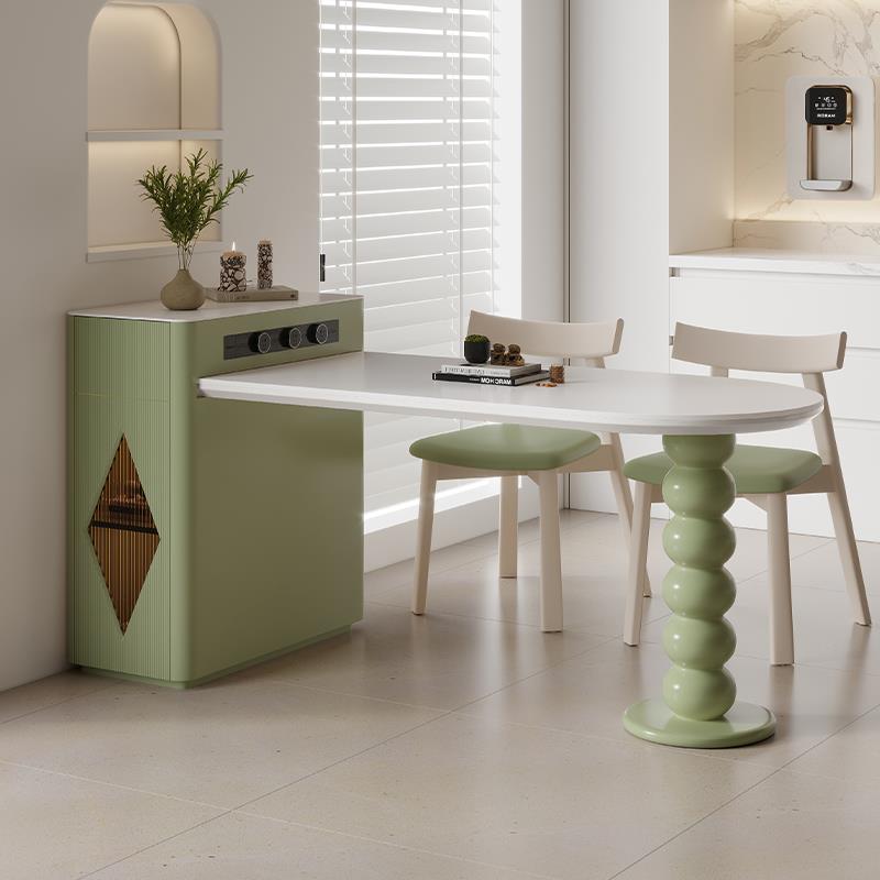 抹茶绿岩板岛台餐桌一体可伸缩超小户型家用迷你现代简约实木倒台