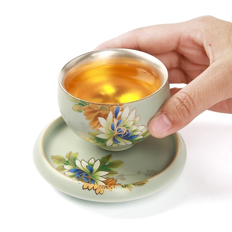 天青纯银陶瓷茶杯鎏银品茗杯功夫茶具单杯镶银主人杯汝窑哥窑茶杯