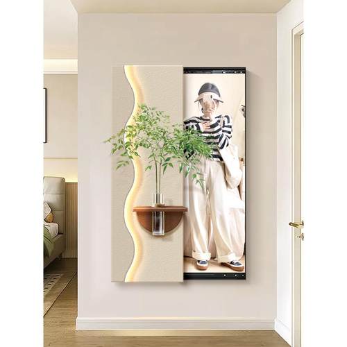 奶油风隐形推拉镜装饰画3d水培绿植壁灯画玄关隐藏式全身镜子挂画