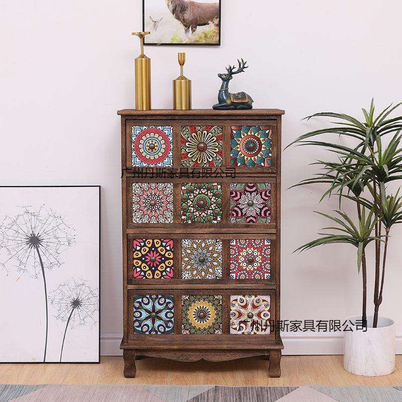 美式实木储物柜复古客厅斗柜多层置物柜简约彩绘抽屉式收纳柜阳台