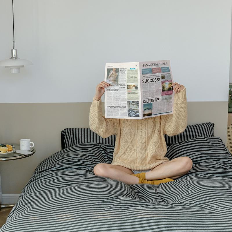 天竺棉裸睡全棉四件套简约条纹针织棉被套床笠纯棉床单床上用品