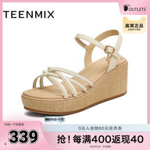 天美意2025夏新款 COO10BL5 商场同款 交叉条带坡跟女一字带凉鞋