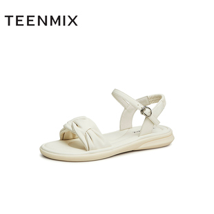 女百搭休闲凉鞋 天美意简约一字带露趾平底凉鞋 新BG451BL3奥莱