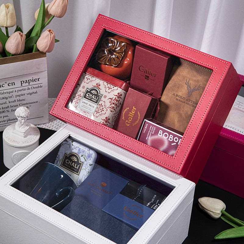 直销新款轻奢皮质透明开窗天地盖空盒结婚礼伴娘伴手礼包装盒生日