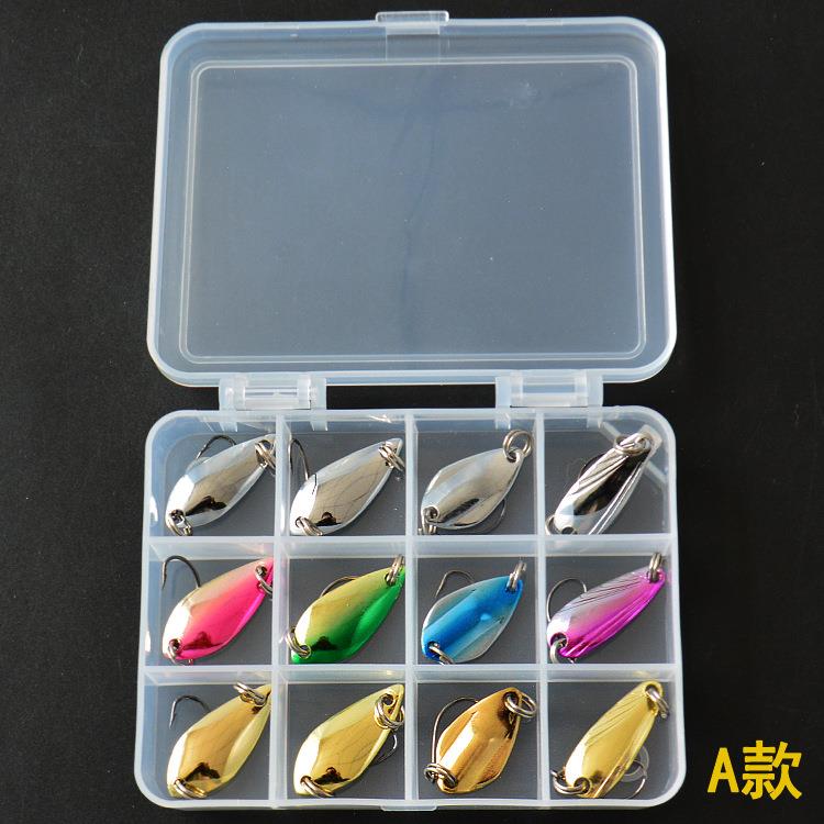 直销新款A款12格盒马口亮片套装羽毛马口彩色亮片组合路亚饵鱼饵