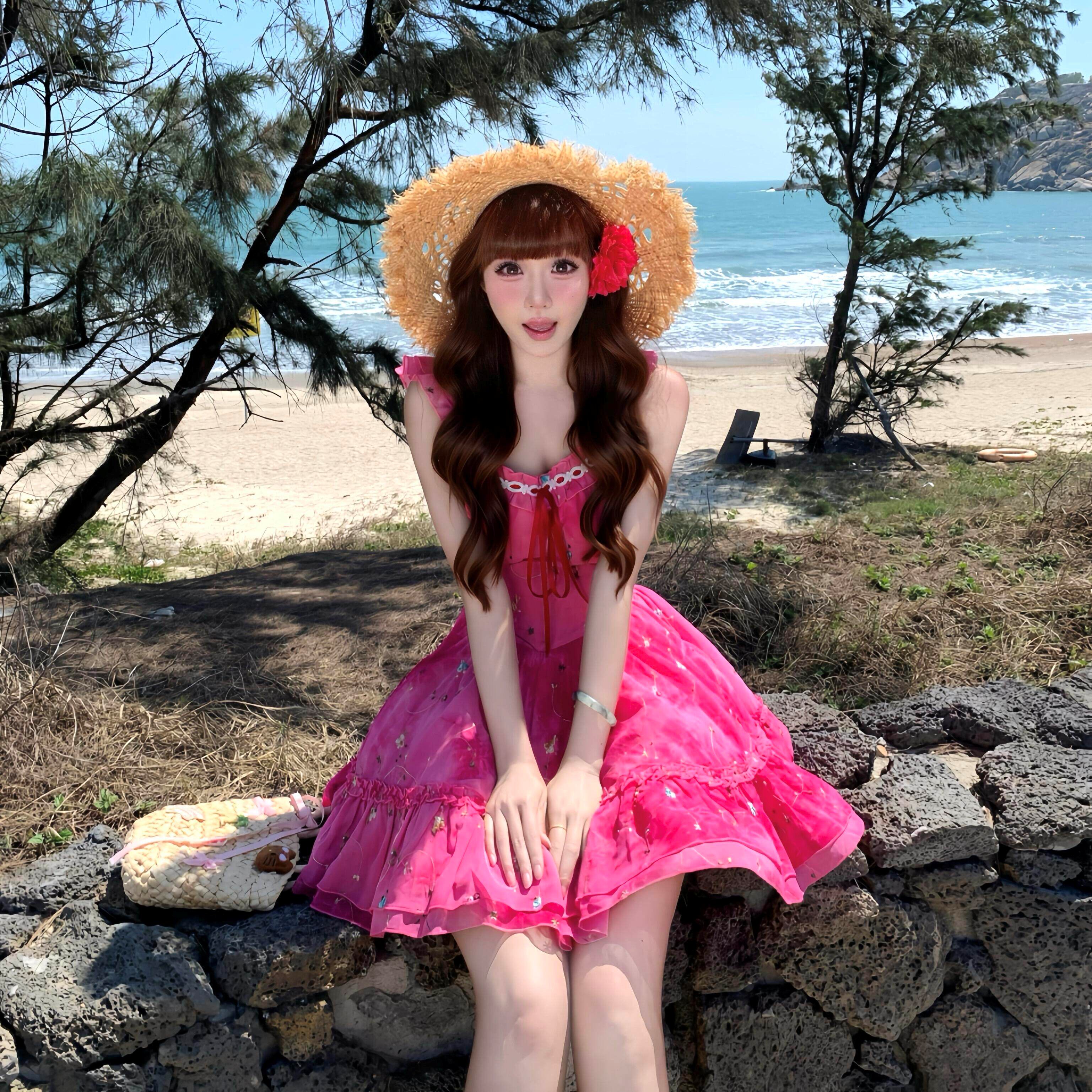 玫红色温柔风甜美刺绣扎染连衣裙女春夏季小个子收腰蓬蓬公主短裙