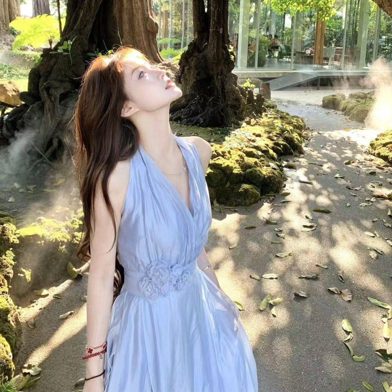 法式纯欲仙女蓝色挂脖连