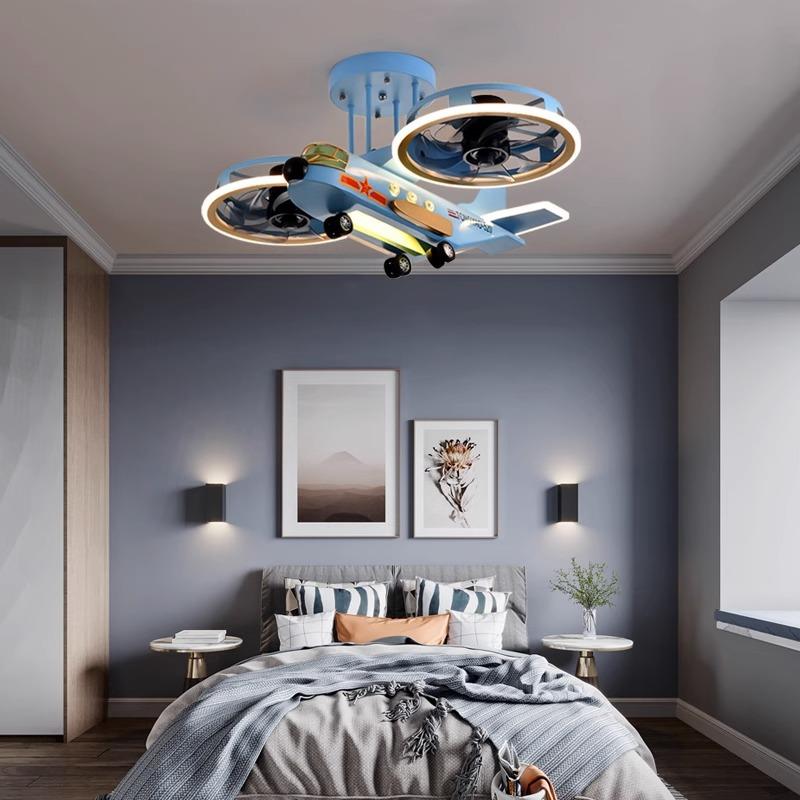直销新款卧室书房儿童房风扇灯男孩房间个性创意吸顶灯风扇飞机灯