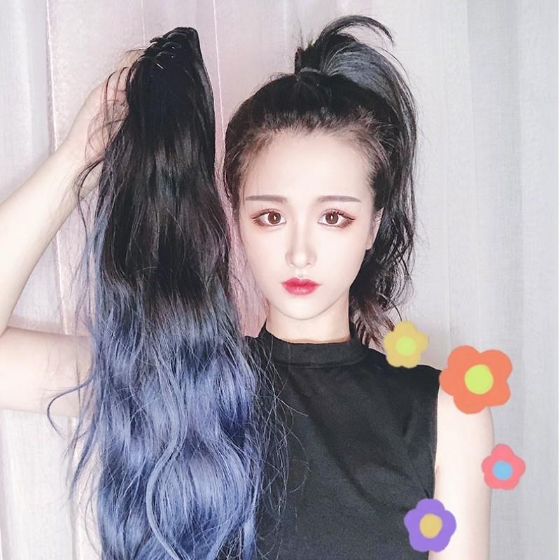 直销新款假发女马尾卷发渐变色抓夹式长发虎口夹假辫子挑染逼真长