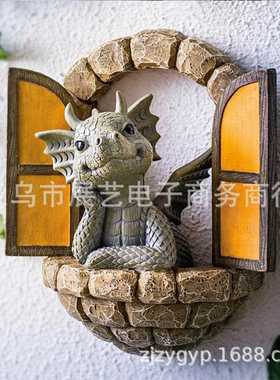 直销新款跨境小龙雕像门窗摆件手工卡通动物花园装饰品挂件工艺品