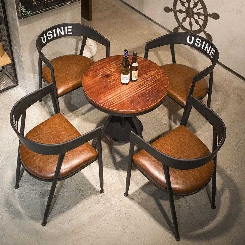 直销新款复古工业风实木酒吧奶茶店桌椅组合餐饮咖啡厅铁艺小圆桌