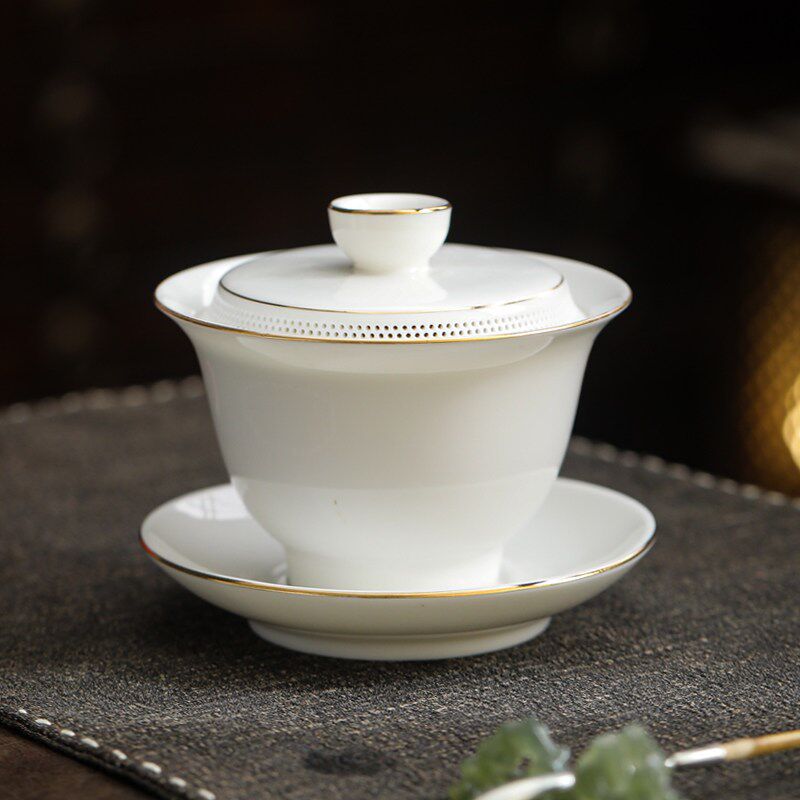 羊脂玉白瓷盖碗不烫手三才茶碗盖子360度过滤茶水可旋转悬停盖碗