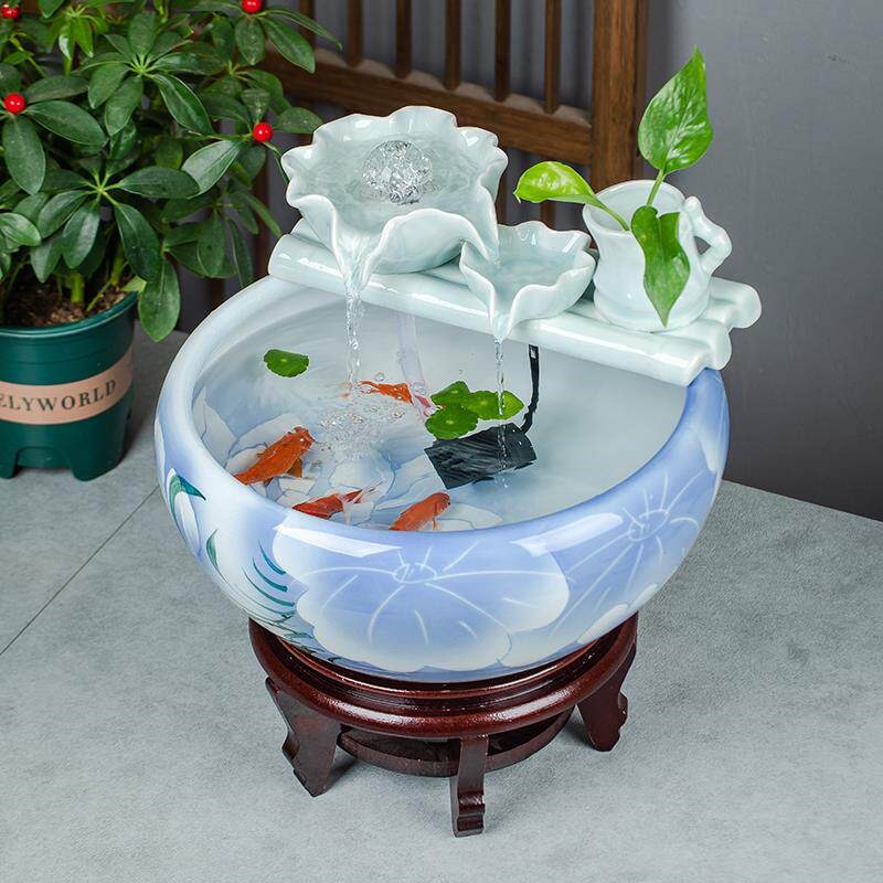 陶瓷鱼缸循环流水摆件景观金鱼缸乌龟缸水培缸睡莲盆陶瓷客厅装饰