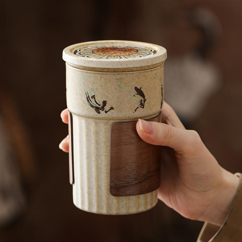 敦煌文创茶杯陶瓷带盖过滤泡茶杯个人杯高档办公茶杯茶水分离杯子
