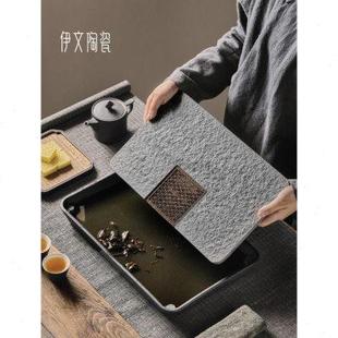 小型干泡台家用茶具托盘简约茶海石头茶台 乌金石长方形茶盘储水式