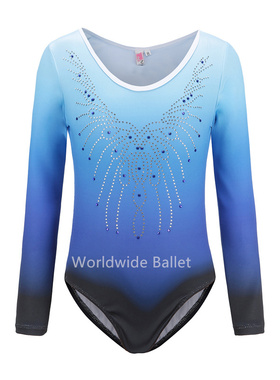 儿童艺术体操训练服长袖镶钻连体服女子快乐体操团体比赛服演出服