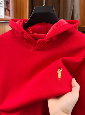 奥莱折扣保罗男士红色连帽卫衣加绒加厚套头休闲上衣男本命年潮流