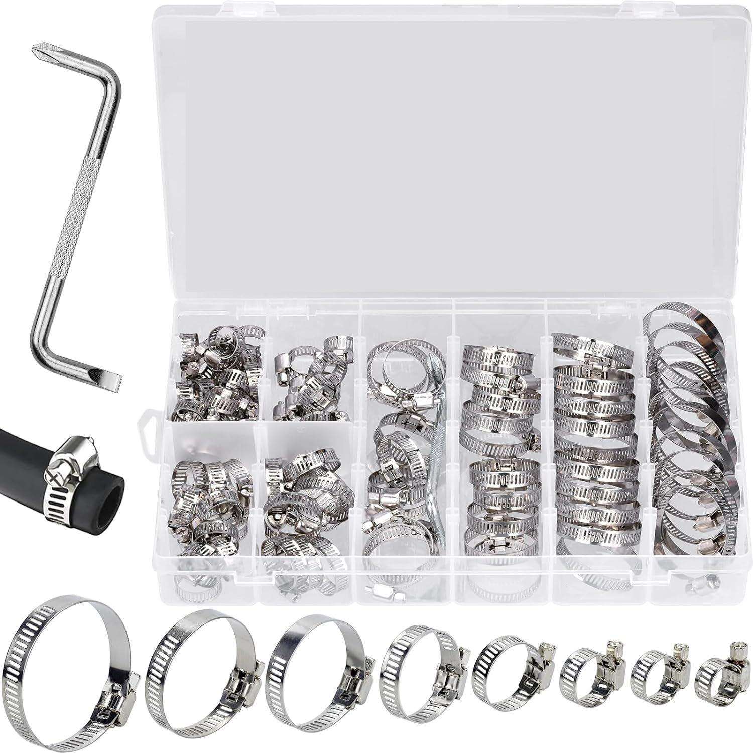跨境91pcs盒装8种尺寸/304不锈钢卡箍喉箍可调节蜗轮软管夹