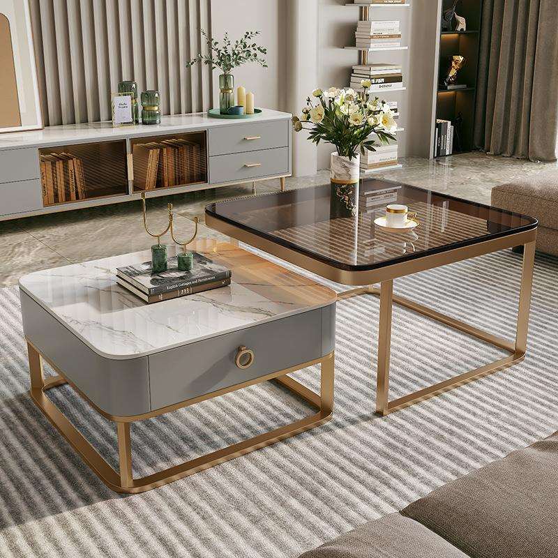 方形茶几玻璃岩板轻奢大小组合现代小户型客厅铁艺茶桌网红小茶几