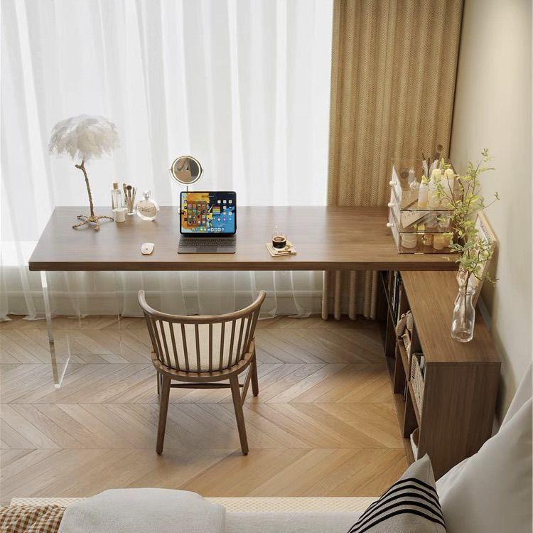 实木转角书柜储物柜一体书桌亚克力悬浮台式电脑桌办公桌子工作台