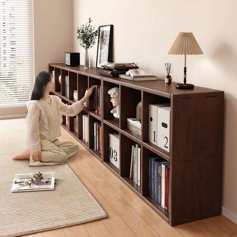 全实木胡桃色格子书柜客厅靠墙一体矮柜多层组合书架落地置物架子