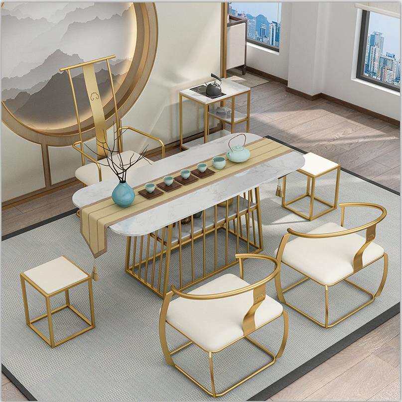 简约大理石茶桌招待室多人位洽谈铁艺茶台客厅会客茶桌椅