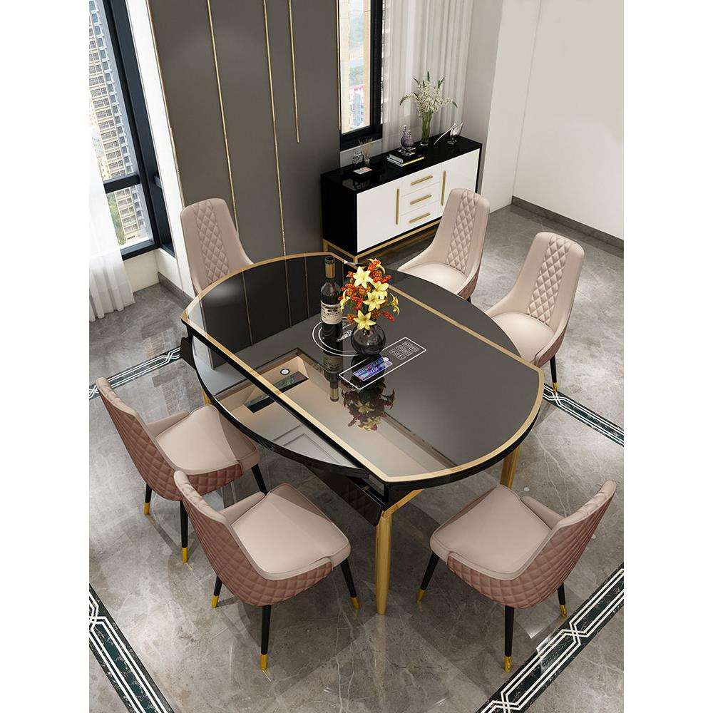 轻奢餐桌家用小户型现代带电磁炉可伸缩钢化玻璃饭桌餐桌可变圆桌