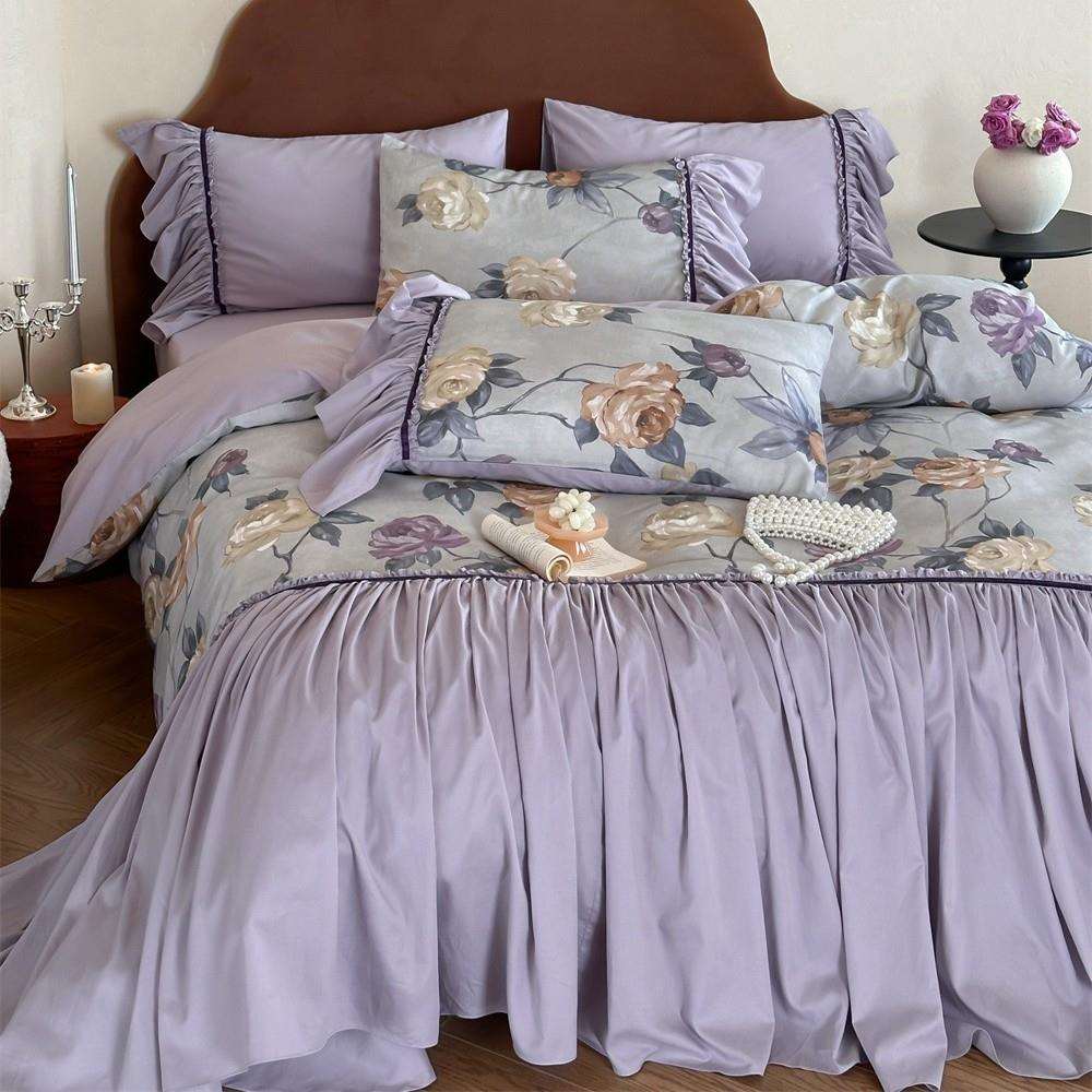 古典高雅天丝棉磨毛四件套浪漫花卉印花被套浪漫褶皱花边秋冬床品