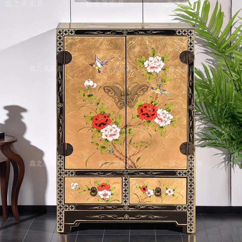 新中式金箔彩绘储物餐边柜玄关柜实木美式复古沙发边柜收纳五斗柜