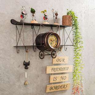 美式 饰收纳 复古飞机模型置物架壁饰壁挂螺旋桨钟表创意铁艺墙壁装