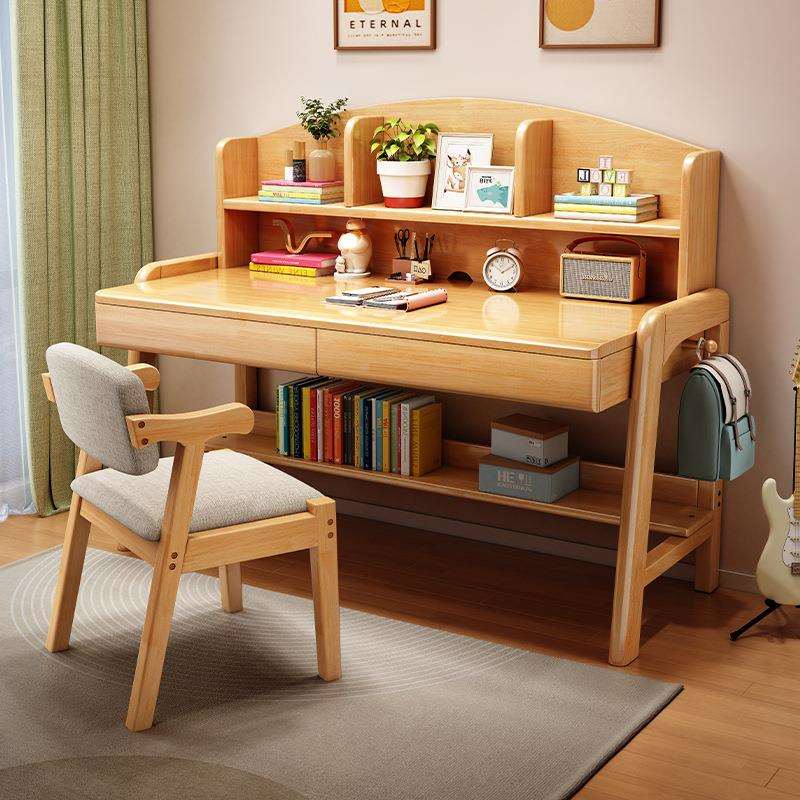 儿童学习桌带书架一体可升降实木书桌写字作业课桌学生家用椅套装