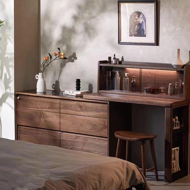 北美黑胡桃木全实木梳妆台现代简约樱桃木卧室床尾斗柜一体化妆桌