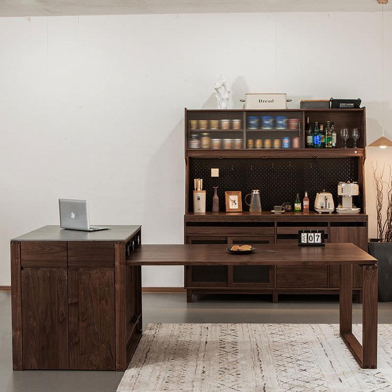 北美黑胡桃木岛台餐桌一体可伸缩厨房中岛台单独实木吧台岩板酒柜